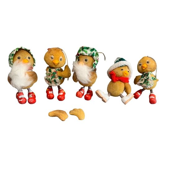 Vintage Morgan Inc. Fuzzy Christmas Bird Ornaments Set Of 4 with Red Boots - Picture 1 of 12